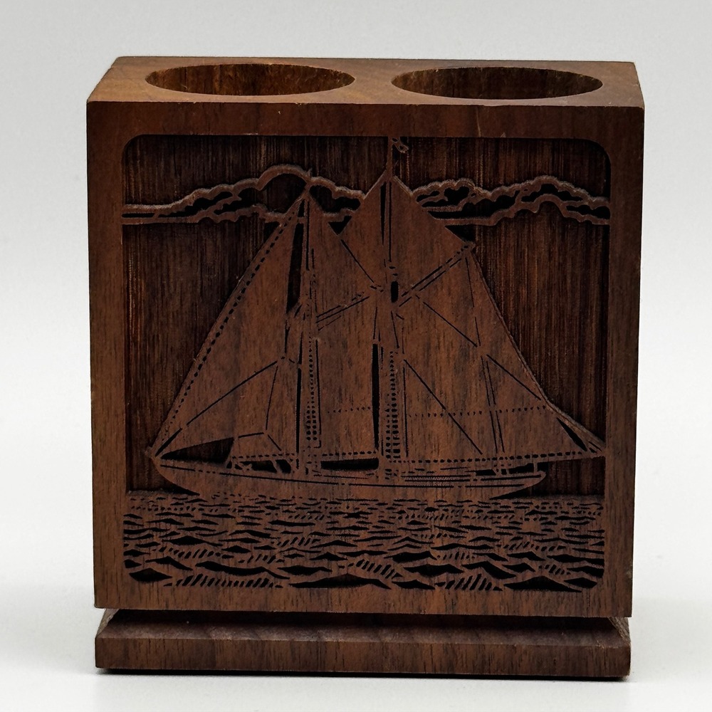Vintage Hand Carved Wood Sailing Ship Pen Pencil Holder Nautical Schooner Desk